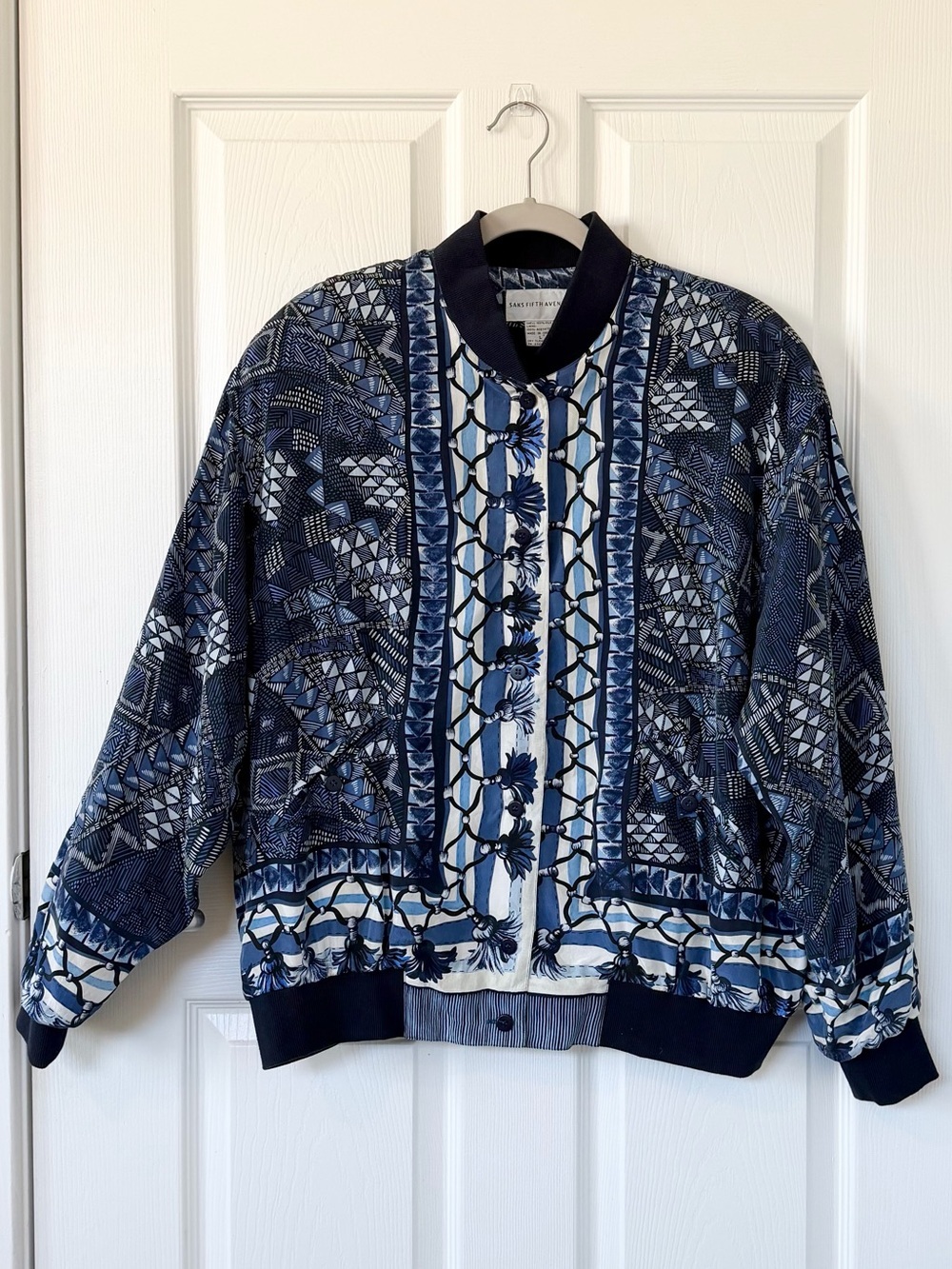 100% Silk Vintage Bomber Jacket in Blue Maximalist Pattern by Saks Fifth Avenue